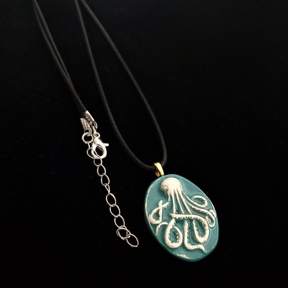 Handmade Ceramic Turquoise Octopus Kraken Pendant Necklace - Picture 6 of 14